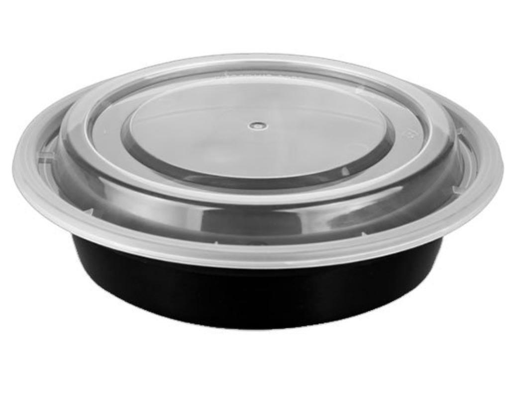 7" Round Plastic Container - Black/Clear, Case 150 -47.79
