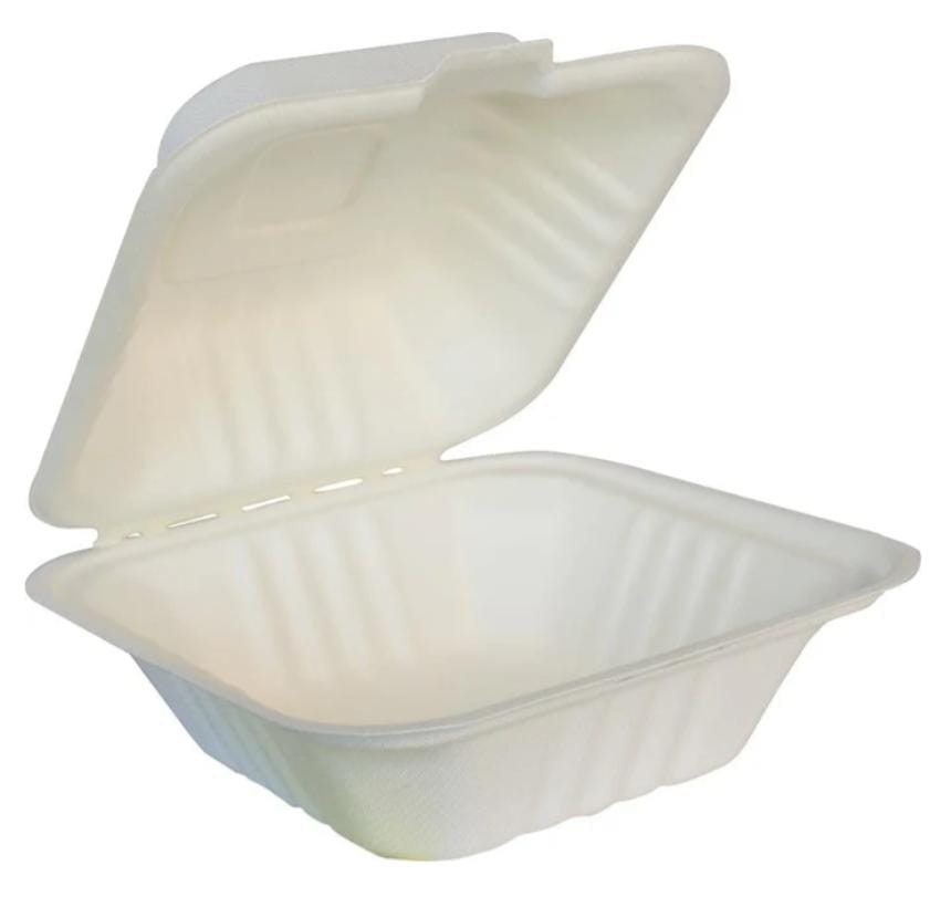 6" x 6" Bagasse Clamshell containers 500pcs