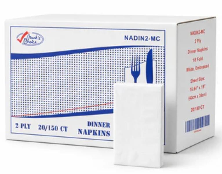 2-Ply 1/8Fold White Dinner Napkins -20/150CT IN 3000 NAPKINS $48.99