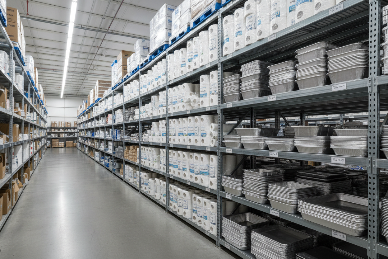Warehouse with Paper Towels and Aluminum Containers
